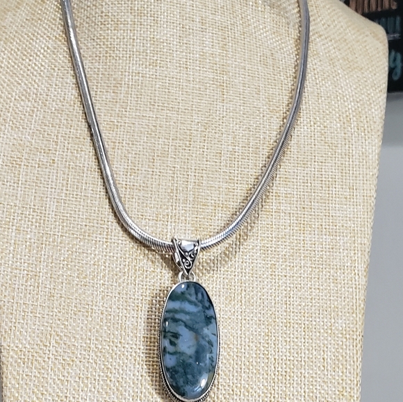 Natural Moss Agate Gem 925 Silver Handmade Thick Heavy Long Pendant Necklace - Picture 6 of 16